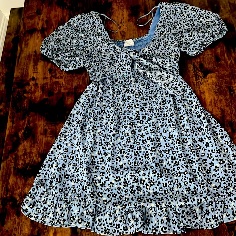 Sienna Sky Flower Printed Blue Dress with Front bow - Puff Sleeves - Size M